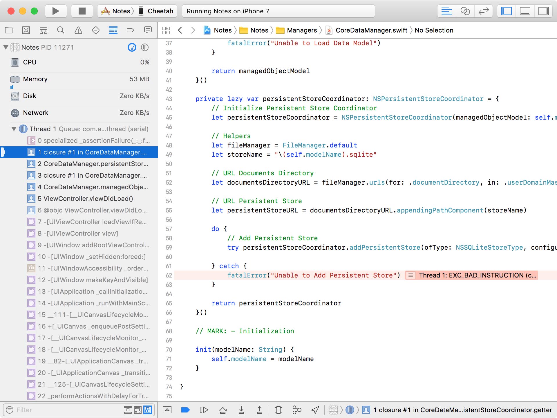 The persistent store coordinator was unable to add the persistent store.