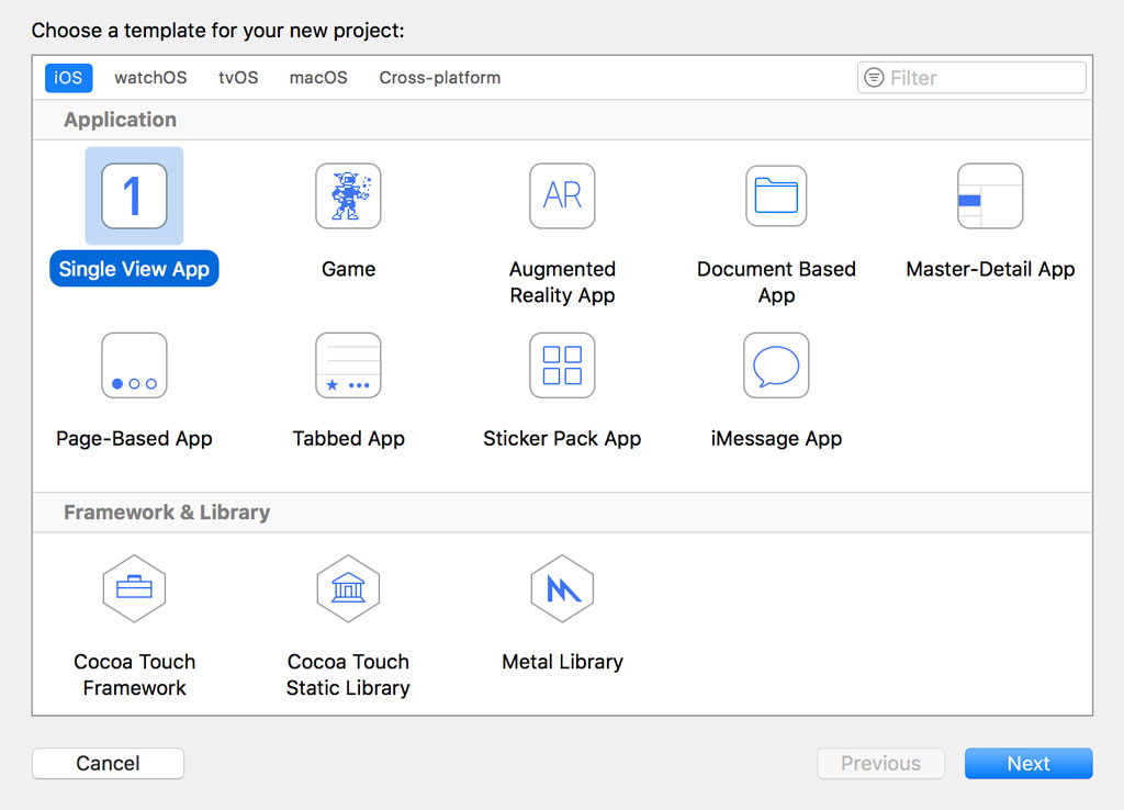 Choosing the Single View Application Template