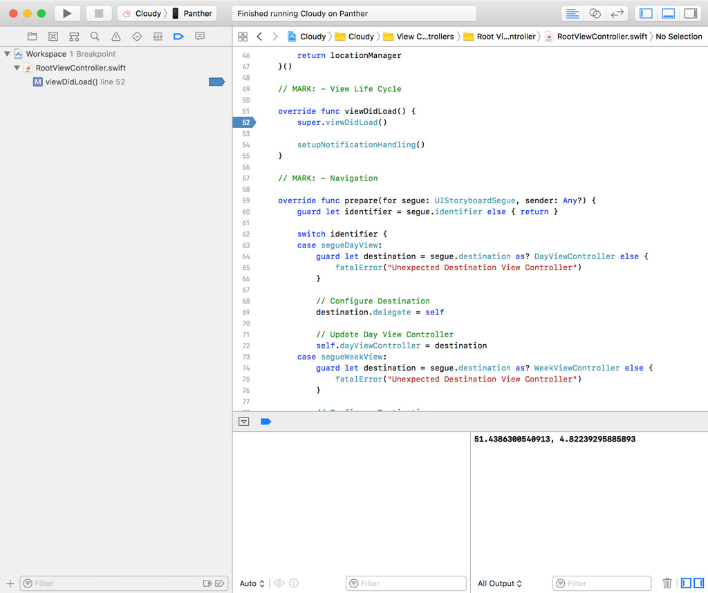 The debugger hits a breakpoint.