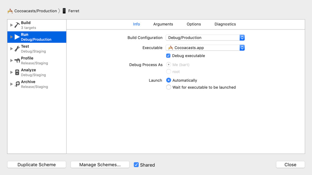 Managing Schemes in Xcode
